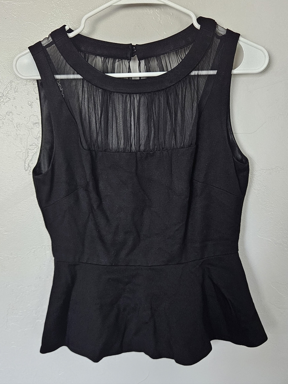 Bebe Women's Small Black Sleeveless Peplum Dress with Sheer Yoke Keyhole Button